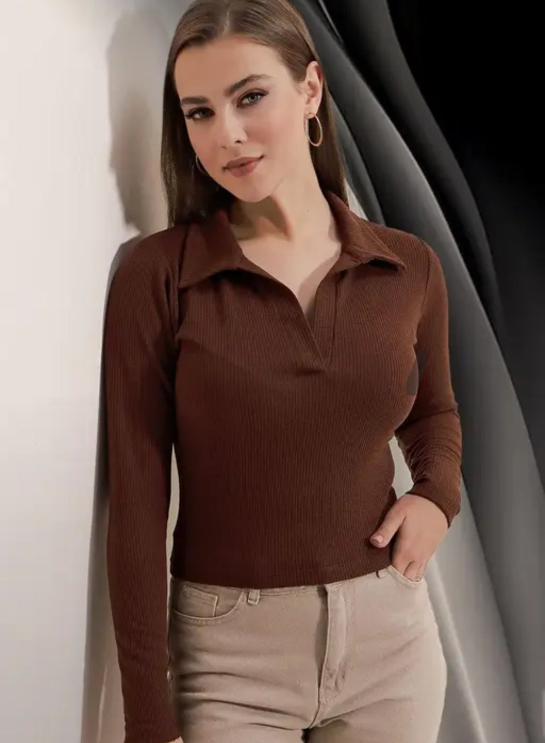 A CASUAL BLEND RIBBED COLLAR V - NECK REGULAR WOMEN TOP