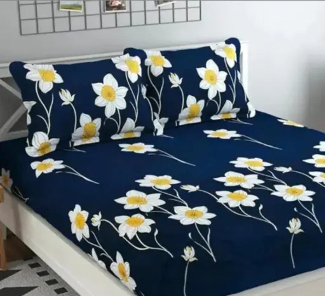 PRINTED DOUBLE FITTED COTTON BEDSHEET WITH LARGE PILLOW COVER