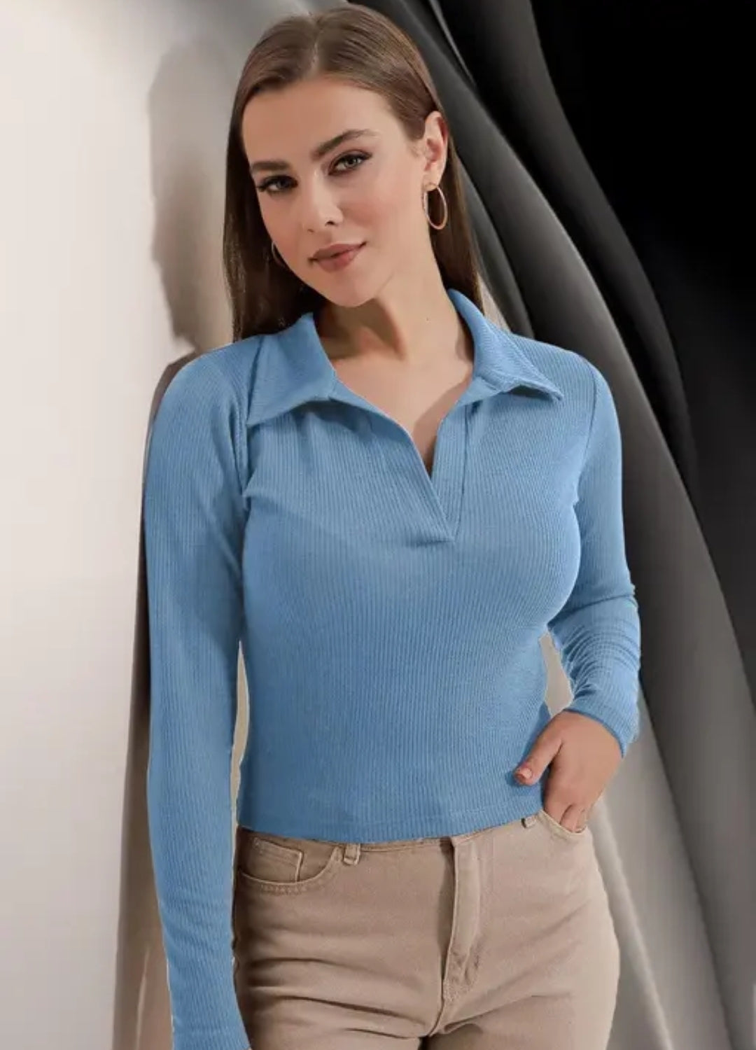 A CASUAL BLEND RIBBED COLLAR V - NECK REGULAR WOMEN TOP