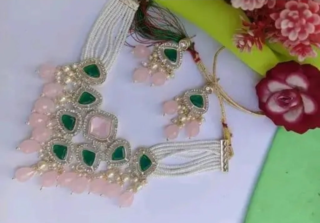 BEAUTIFUL WORK WOMEN/ GIRLS PINK AND GREEN NECKLANC SET