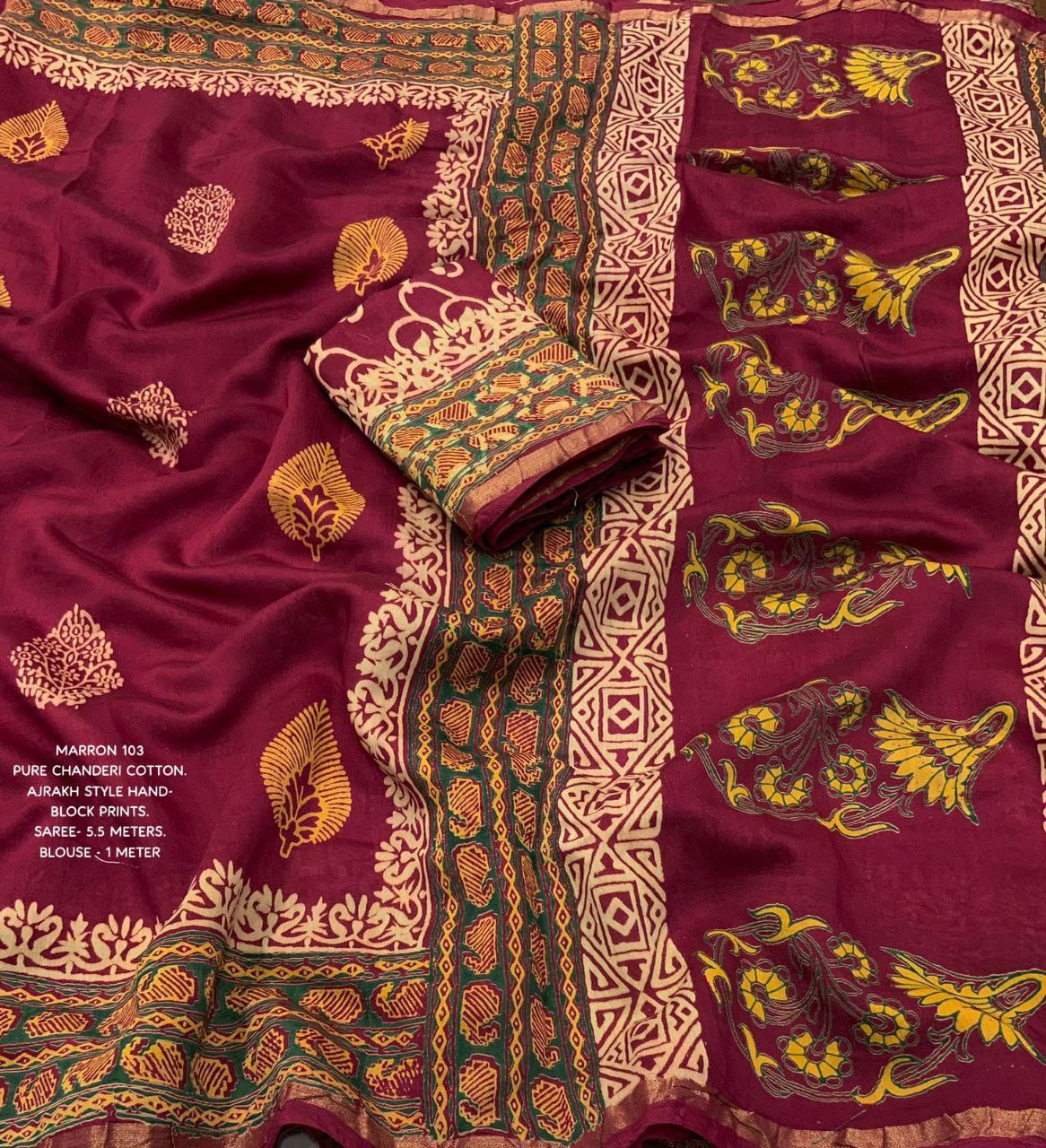 CHANDERI COTTON AJRAKH SAREE ( PACK OF 5)