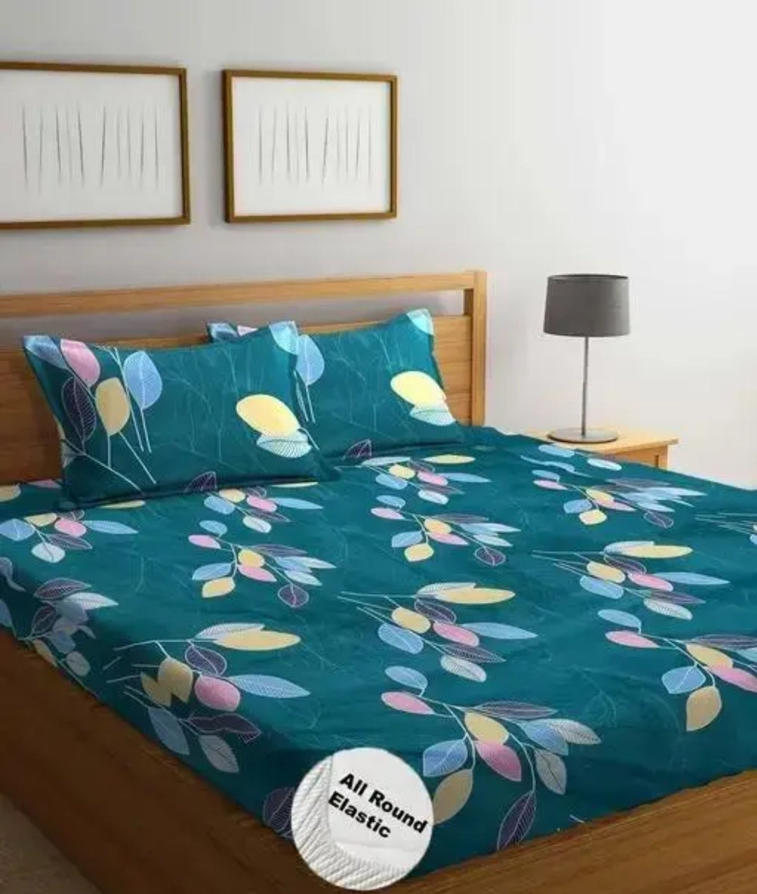 PRINTED DOUBLE FITTED COTTON BEDSHEET WITH 2 LARGE  PILLOW COVER SET