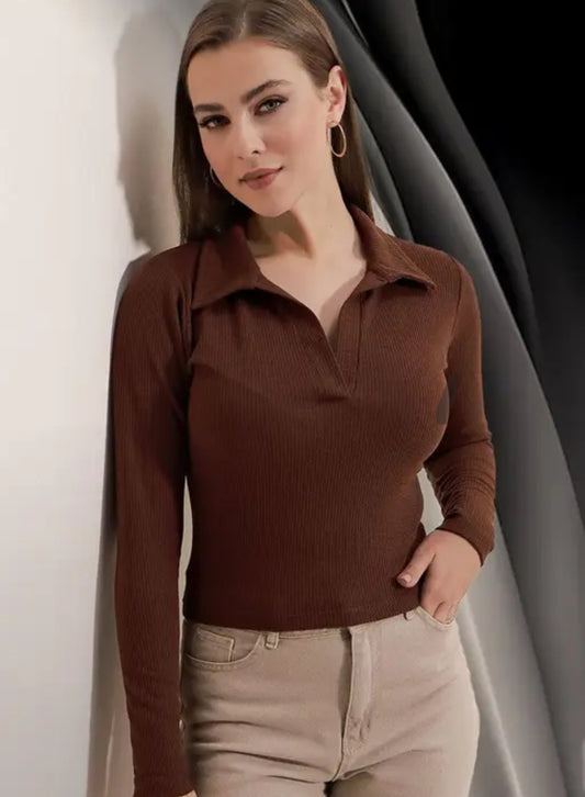 A CASUAL  BLEND RIBBED COLLAR V - NECK REGULAR WOMEN TOP