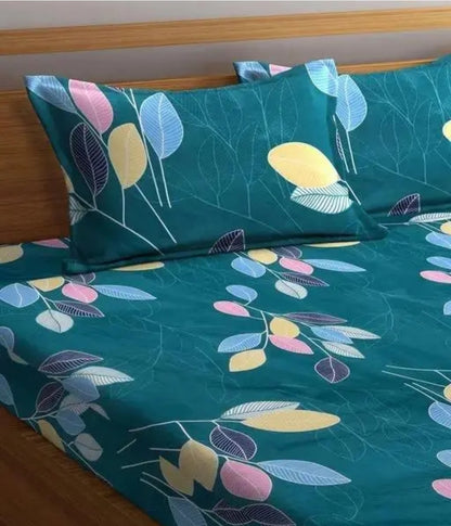 PRINTED DOUBLE FITTED COTTON BEDSHEET WITH 2 LARGE  PILLOW COVER SET