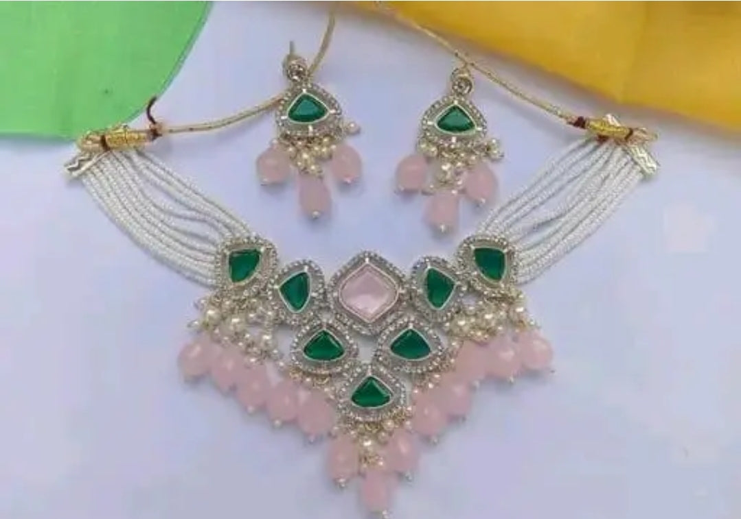 BEAUTIFUL WORK WOMEN/ GIRLS PINK AND GREEN NECKLANC SET