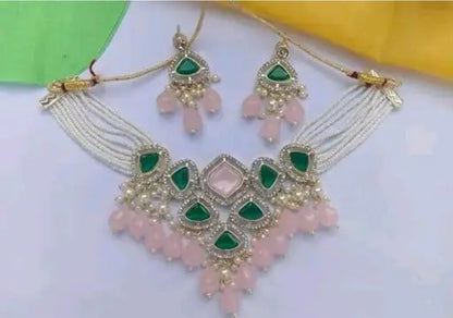 BEAUTIFUL WORK WOMEN/ GIRLS PINK AND GREEN NECKLANC SET