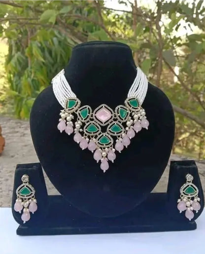 BEAUTIFUL WORK WOMEN/ GIRLS PINK AND GREEN NECKLANC SET