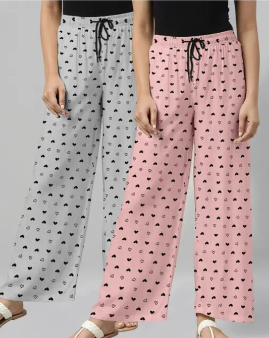 WOMEN GREY/ BABY PINK PACK OF 2 PRINTED PURE COTTON PAJMA