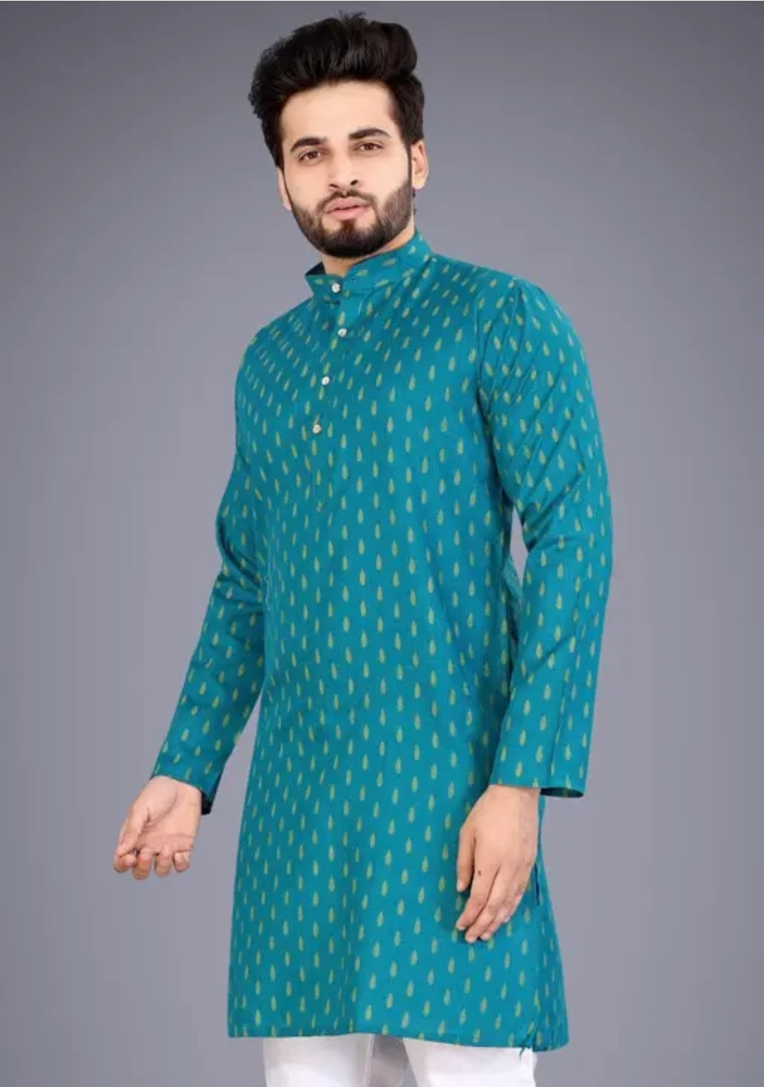 MEN PRINTED PUTE COTTON STRAIGHT KURTA WEDDING KURTA AND PAJMA