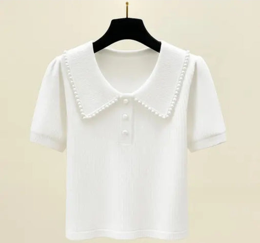 A CASUAL  BLEND RIBBED COLLAR V - NECK REGULAR WOMEN TOP