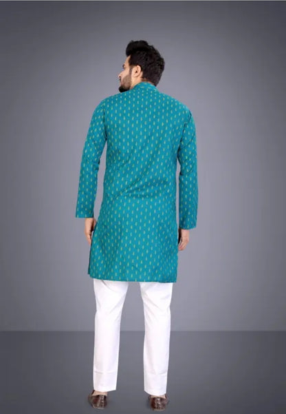 MEN PRINTED PUTE COTTON STRAIGHT KURTA WEDDING KURTA AND PAJMA
