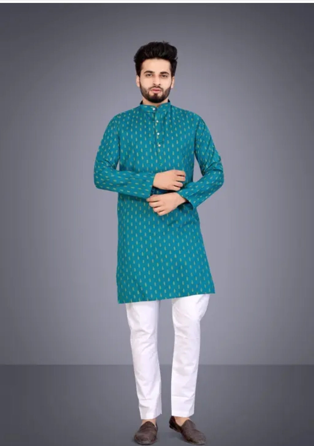 MEN PRINTED PUTE COTTON STRAIGHT KURTA WEDDING KURTA AND PAJMA