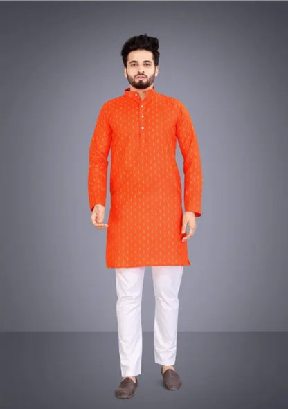 MEN PRINTED PUTE COTTON STRAIGHT KURTA WEDDING KURTA AND PAJMA